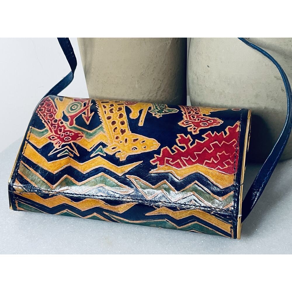 VTG Leather Embossed Giraffe Wildlife Jungle Africa Structured Crossbody Bag - Picture 12 of 12